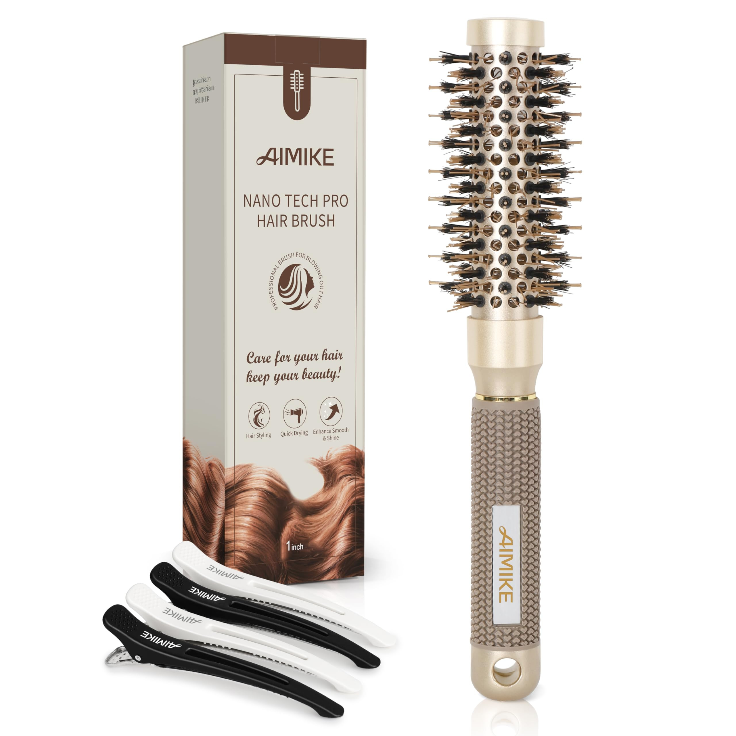 AIMIKE Cepillo de pelo redondo, barril de 1 pulgada con cerdas de jabalí, cerámica nano térmic... | Amazon (US)