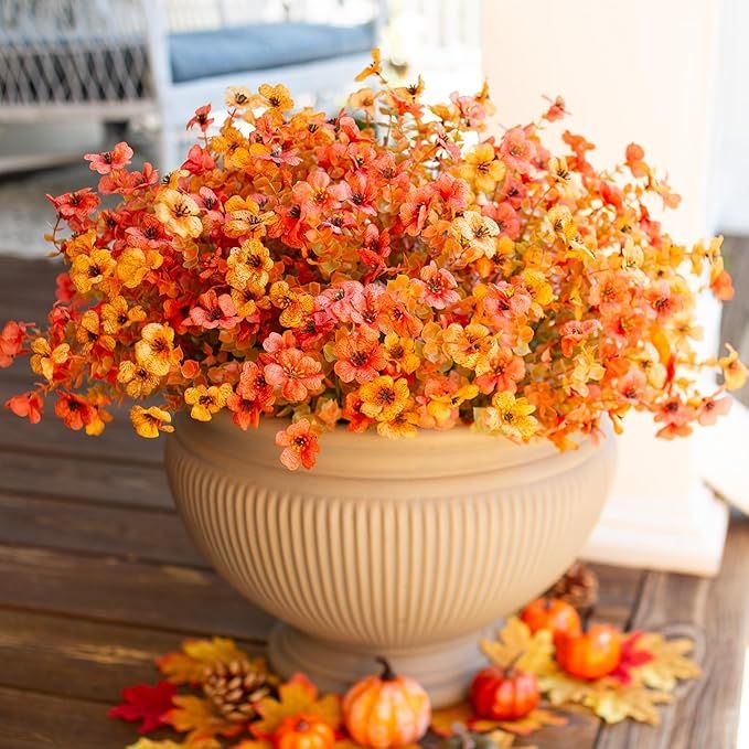 Artificial Fake Fall Plants Flowers for Outdoor Outside, 12 Bundles Faux Autumn Orange Yellow Sil... | Amazon (US)