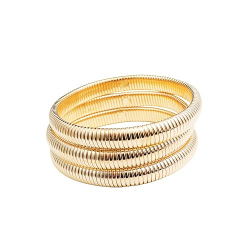 Pingyongchang Gold Chunky Bangle Stretch Bracelets Set For Women Men 14K Gold Filled Stainless Steel Bracelet Stretchy Link Chain Bracelet Wide Wristband Non Tarnish Trendy Jewelry Set of 3 Gold | Amazon (US)