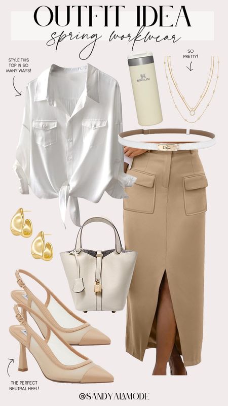 Spring workwear | chic spring style | neutral spring outfit idea | Amazon fashion | Amazon workwear | cargo skirt | button down tie front shirt | designer inspired bucket tote | neutral heels | comfy but chic spring workwear 

#LTKstyletip #LTKSeasonal #LTKworkwear