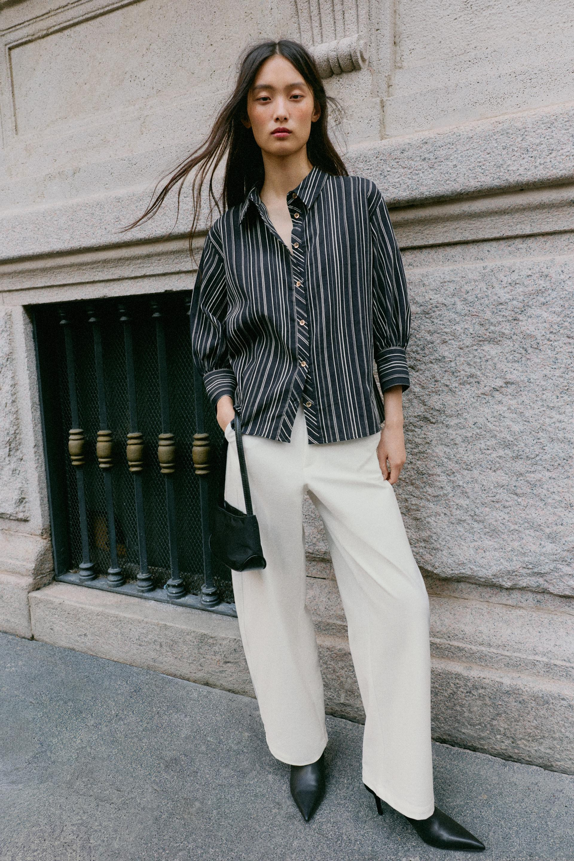 Zara - Striped Three-Quarter Sleeve Shirt - Black / Ecru - L - Woman | Zara US