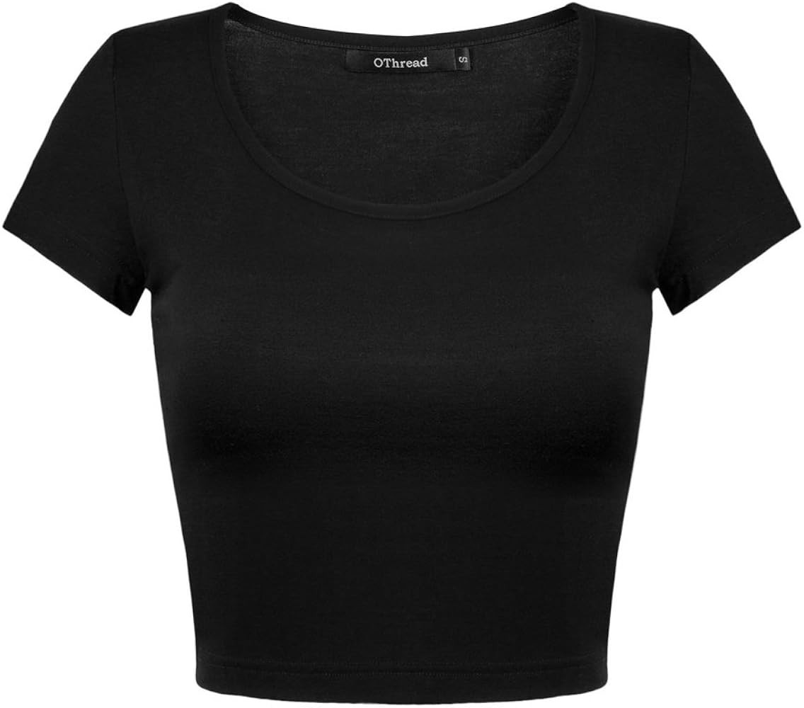 OThread & Co. Women's Basic Crop Tops Stretchy Casual Scoop Neck Cap Sleeve Shirt | Amazon (US)