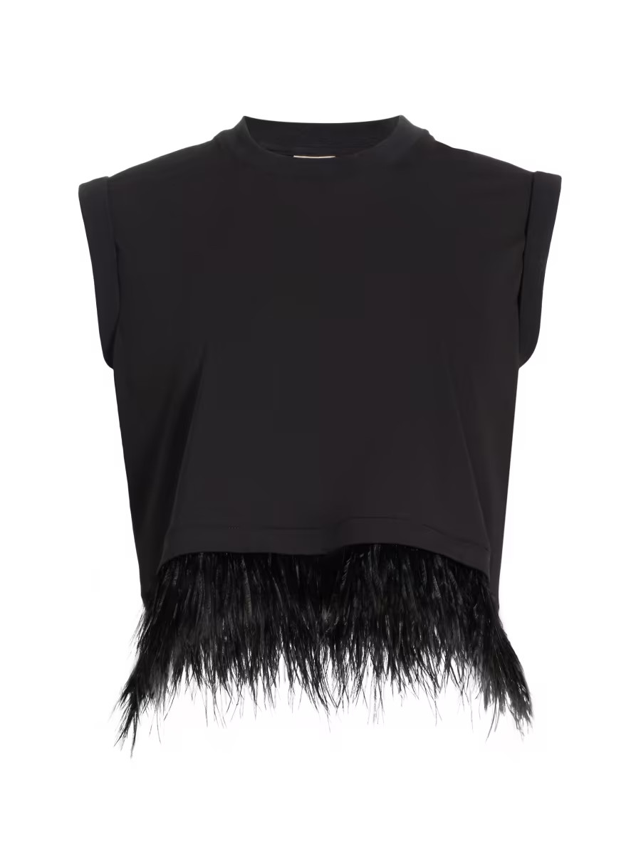 Feather-Trimmed Stretch-Cotton Crop T-Shirt | Saks Fifth Avenue