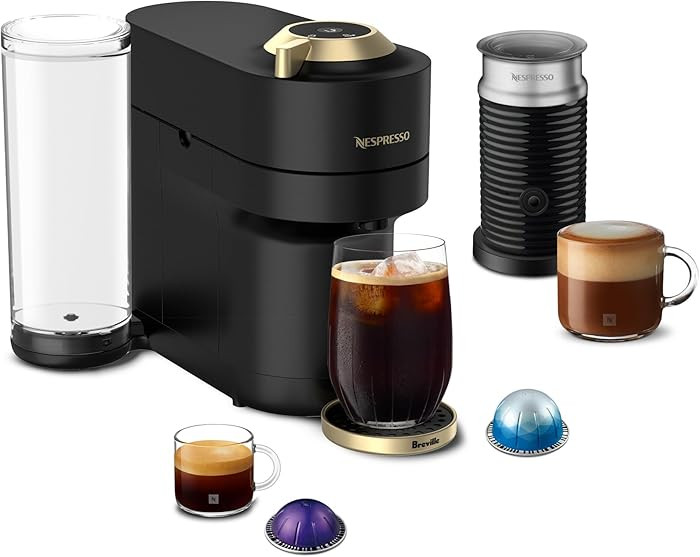 Nespresso Vertuo Pop+ Deluxe Coffee Machine with Frother, Matte Black Gold | Amazon (US)