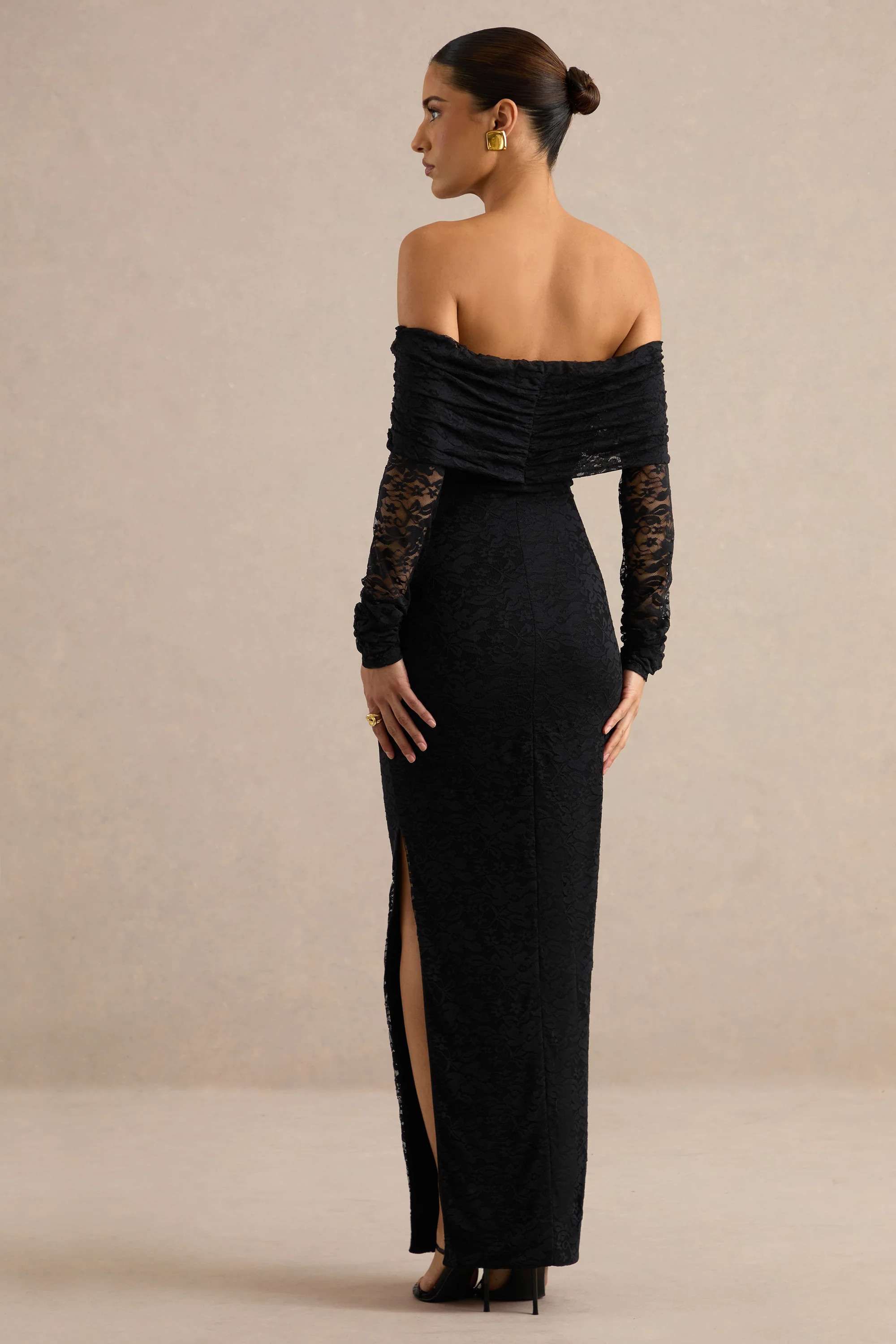 Maelora | Black Lace Bardot-Neck Maxi Dress With Scarf | Club L London