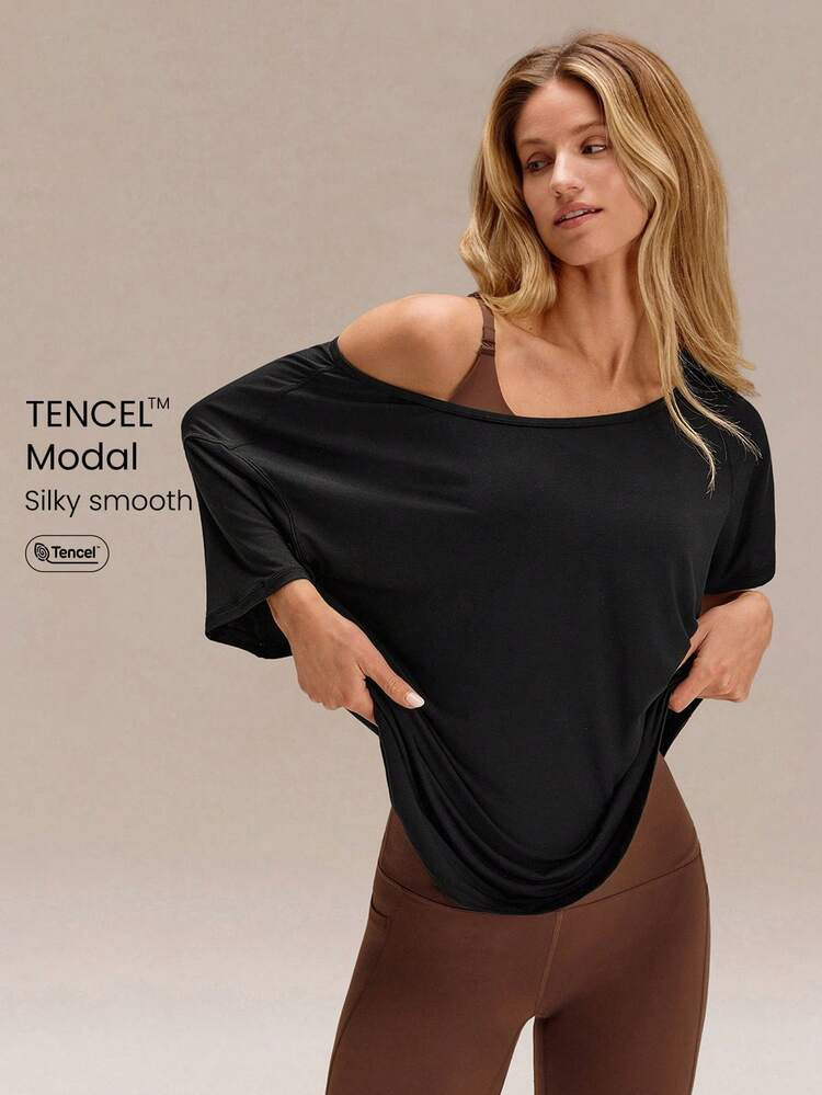 GLOWMODE Modal Silky Smooth Asymmetrical Hem Off-Shoulder 3/4 Sleeve Active Tee T-Shirt Daily Casual Wear | SHEIN