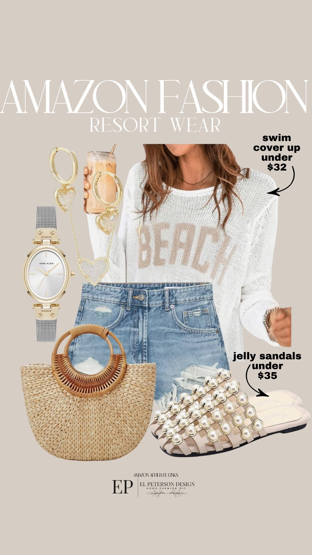 Amazon
Resort Wear
Swim cover up
Shirts
Straw purse
Watch
Earrings 
Necklace
Jelly shoes
