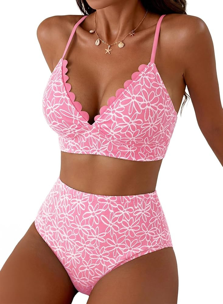 Herseas Women's Embroidered Flowers Bikini Sets Scalloped V Neck Swimsuits High Waisted Bathing S... | Amazon (US)