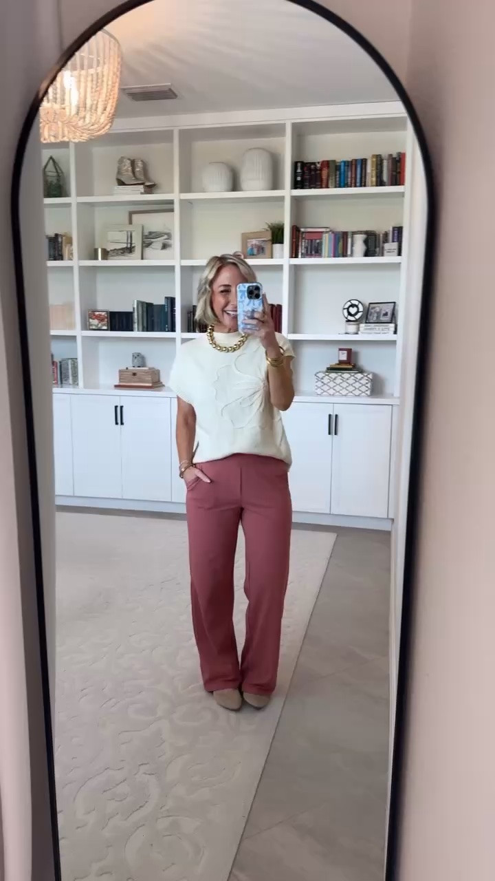 New Pants - from a favorite brand. Wide Leg Yoga-Work Pants - size small, 29" Inseam. (“Cameo”). * Flower Short Sleeve Sweater - size small. 20 colors. * Knit Mary-Jane Flats - TTS.

#LTKSeasonal #LTKOver40 #LTKWorkwear