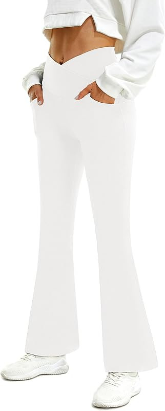 FireSwan Womens Crossover Flare Leggings with Pockets Bootcut High Waisted Yoga Pants Tummy Contr... | Amazon (US)
