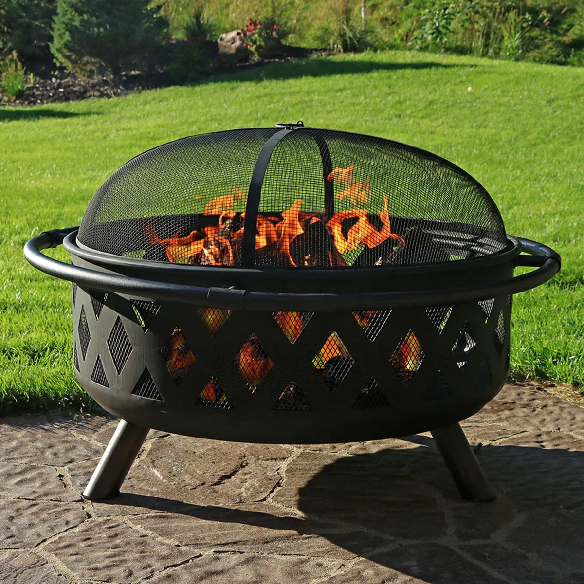 Jahidul Crossweave Round Wood-Burning Steel Outdoor Fire Pit with Screen | Wayfair North America