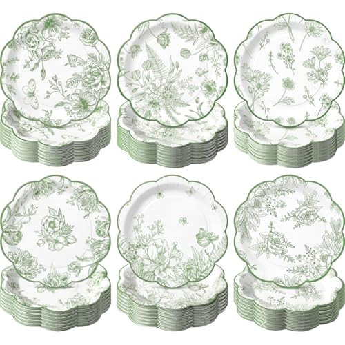 Funnymoom 60 Pcs 7" Sage Green Floral Party Plates Vintage Floral Leaf Disposable Paper Plates Green Toile Scalloped Dessert Plate for Spring Wedding Bridal Baby Shower Tea Party Decoration Supplies | Amazon (US)