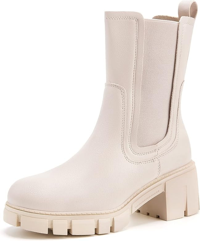 TINSTREE Women's Lug Sole Platform Boots Mid Calf Elastic Chunky Block Heel Leather Chelsea Booti... | Amazon (US)