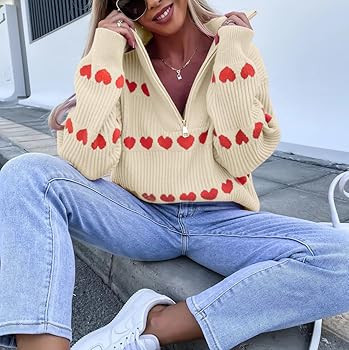 Love Heart Sweater Quarter Zip Sweater Women V Neck Valentines Pullover Sweatshirt Ribbed Knitted... | Amazon (US)