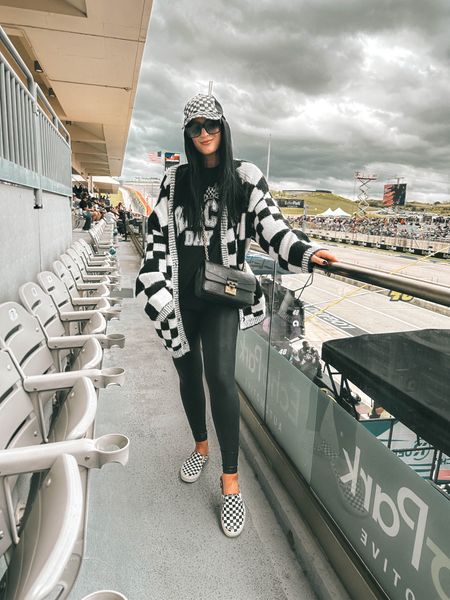 My outfit from nascar today! My checkered cardigan, hat and race day tee are all from Shop Samantha Busch but I linked similar options!

My faux leather leggings are from spanx. Use code DTKxSPANX for 10% off your order. I linked a similar pair that are only $10!

I also linked my checkered vans.