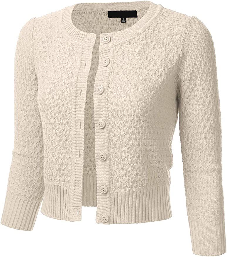 FLORIA Women's Button Down 3/4 Sleeve Crew Neck Cotton Knit Cropped Cardigan Sweater (S-3X) | Amazon (US)