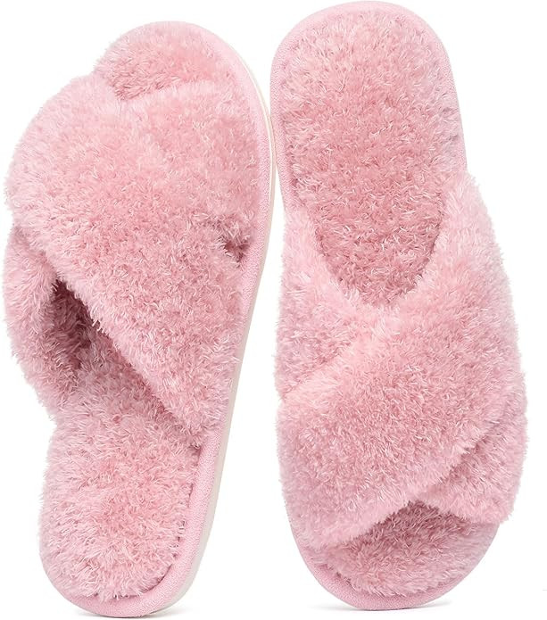 Evshine Women's Fuzzy Slippers Cross Band Memory Foam House Slippers Open Toe | Amazon (US)