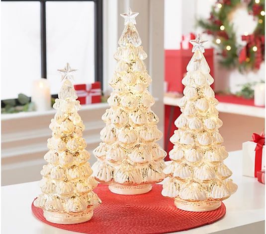 S/3 Illuminated Mercury Glass Snow Tipped Trees by Valerie | QVC