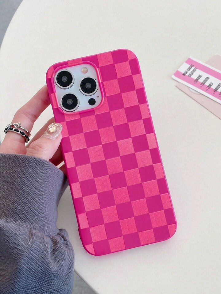 1pc Pink Checker Pattern Phone Case Compatible With Iphone 11, Iphone 13, Iphone 14, Iphone 15 An... | SHEIN
