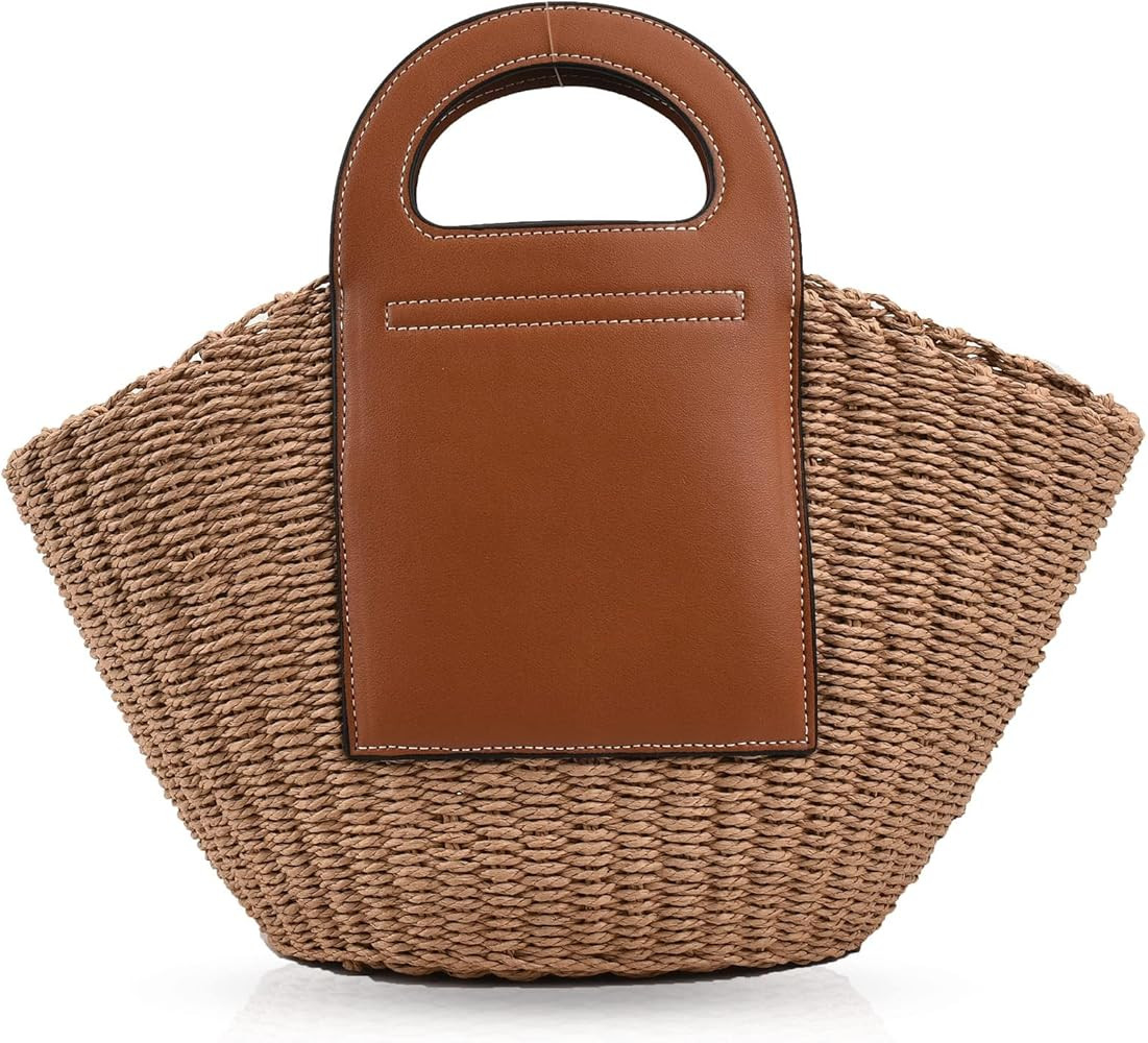 Summer Beach Bag, Hand Made Straw Beach Bag Basket Leather Stitching Tote Bag, Large Capacity Des... | Amazon (US)