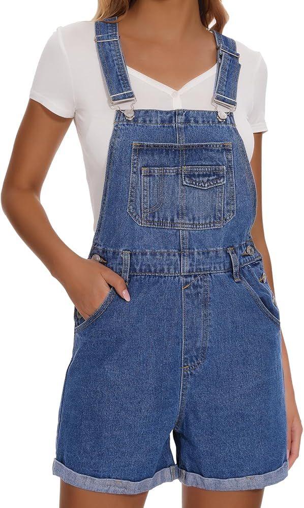 Women's Denim Shortalls Casual Adjustable Straps High Waist Bib Jeans Overalls Shorts Romper with... | Amazon (US)