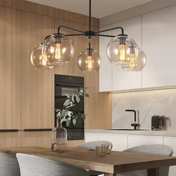 Mid-century 5-light Glass Globe Bubble Round Chandelier - 35in Wide - Brass | Bed Bath & Beyond