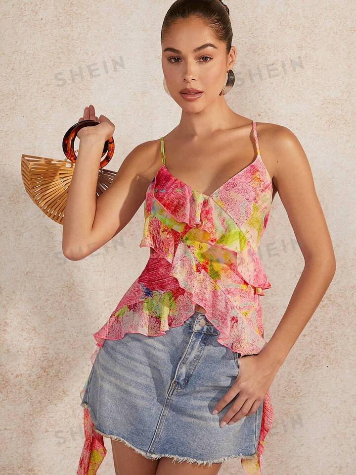 SHEIN Haute Colorblock Ruffle Trim Summer Vacation Cami Top | SHEIN