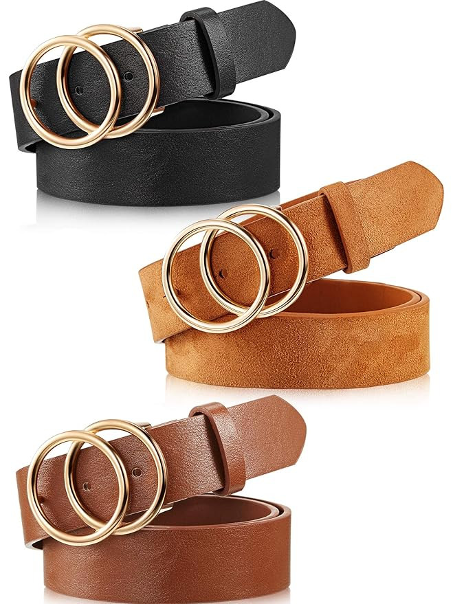 3 Pieces Women Leather Belt for Jeans Dress Waist Belts with Double Ring Buckle | Amazon (US)