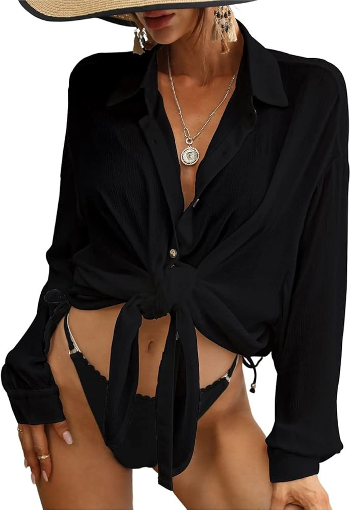 Bsubseach Swimsuit Coverup for Women Button Down Shirt Cover Up Beach Blouse Tops | Amazon (US)