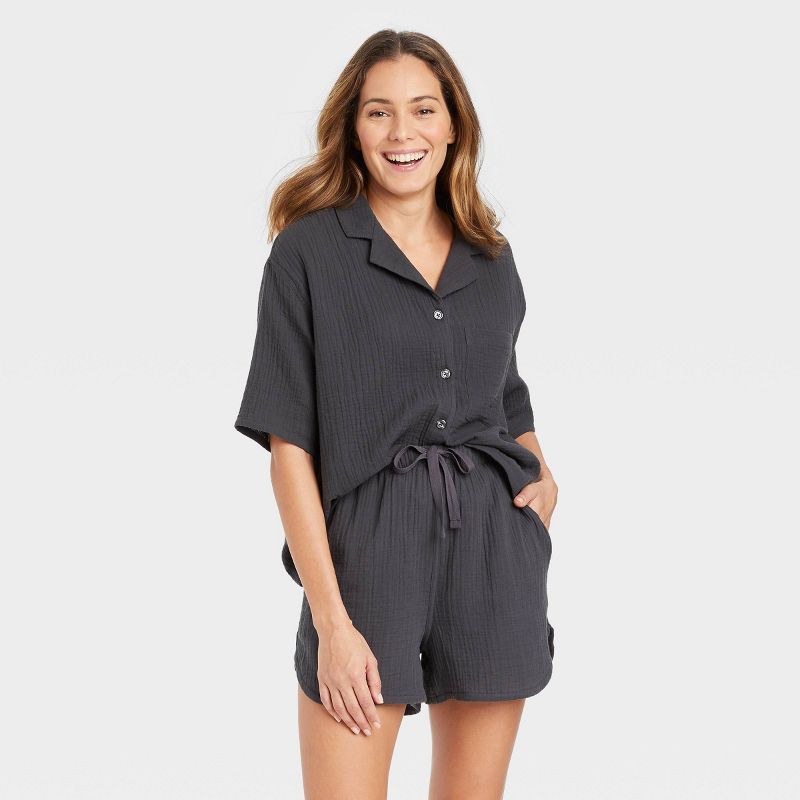 Women&#39;s 100% Cotton Short Sleeve Notch Collar Pajama Top - Stars Above&#8482; Charcoal Gray X... | Target