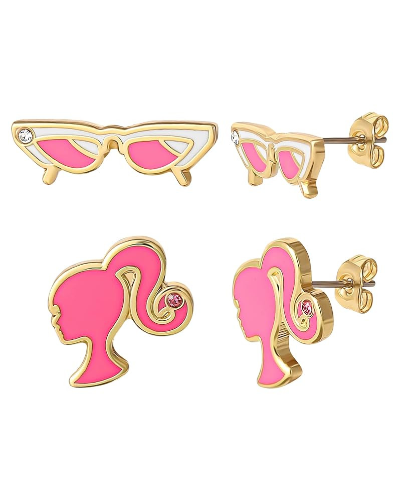 Barbie Stud Earrings 2-Pack Official License, 18k Gold Flash-Plated and Enamel Barbie Earrings fo... | Amazon (US)