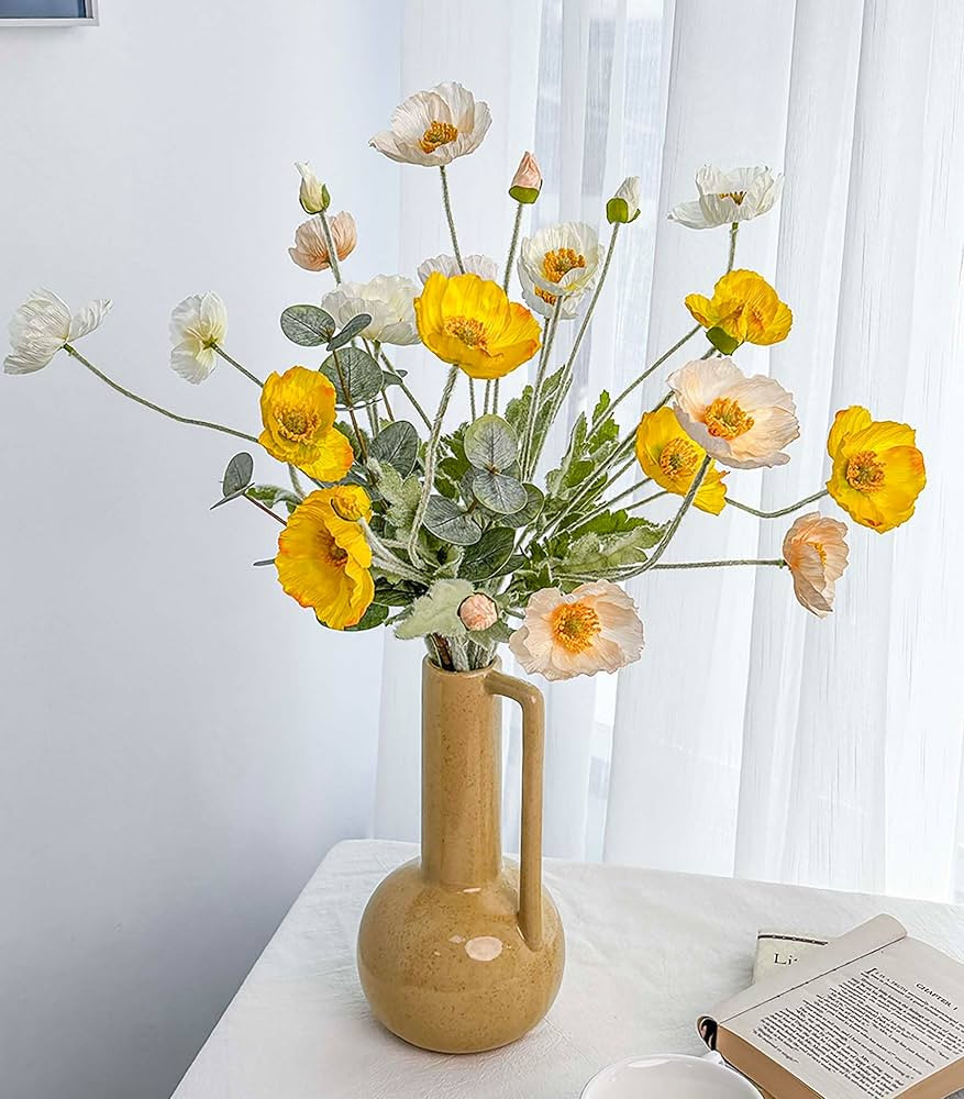 Poppy Artificial Flowers and Eucalyptus Stems, Fake White Yellow Stems for Vase, Silk Flowers Arr... | Amazon (US)