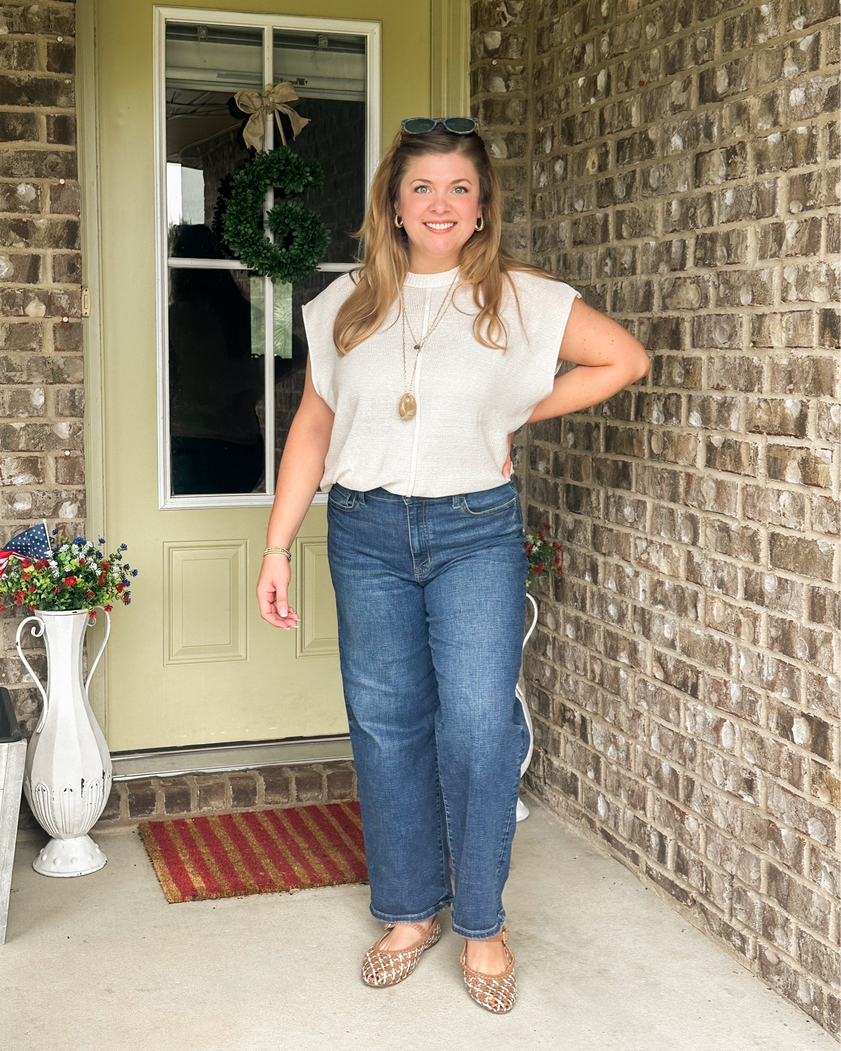 Mom & Dad summer date night outfit: I paired a knitted sleeveless top with dark jeans and my favorite Mary Jane flats. (I love these because they are multicolored.) Accessories include a few stacked gold beaded bracelets, and a couple of longer layered gold necklaces. 
I like the pendants on these two from Walmart, because they add a subtle mix of textures!

#LTKootd #LTKmomlife #LTKMidsize