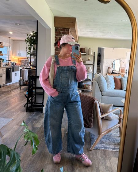Outfit of the day 💘💘💘 size medium in the overalls! 

Free people barrel overalls, barrel jeans, anthropology accessories, striped hat, baseball cap, pink love, pink and green, adidas gazelle 

#LTKSeasonal #LTKshoecrush #LTKfindsunder100