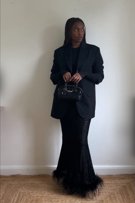 Ma Wallace, everlane, Kai collective, feathers, maxi skirt, evening , evening outfit , black blazer, occasion blouse, Christmas party outfit, Christmas party dress 

#LTKstyletip #LTKmidsize #LTKSeasonal