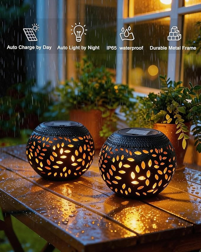 Solar Table Lights Outdoor Waterproof - Dancing Flickering Flame Lamp Black Metal Tabletop Light ... | Amazon (US)