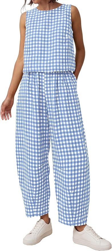PRETTYGARDEN Womens 2 Piece Sets 2026 Summer Plaid Sleeveless Tops Wide Leg Pants Matching Lounge... | Amazon (US)