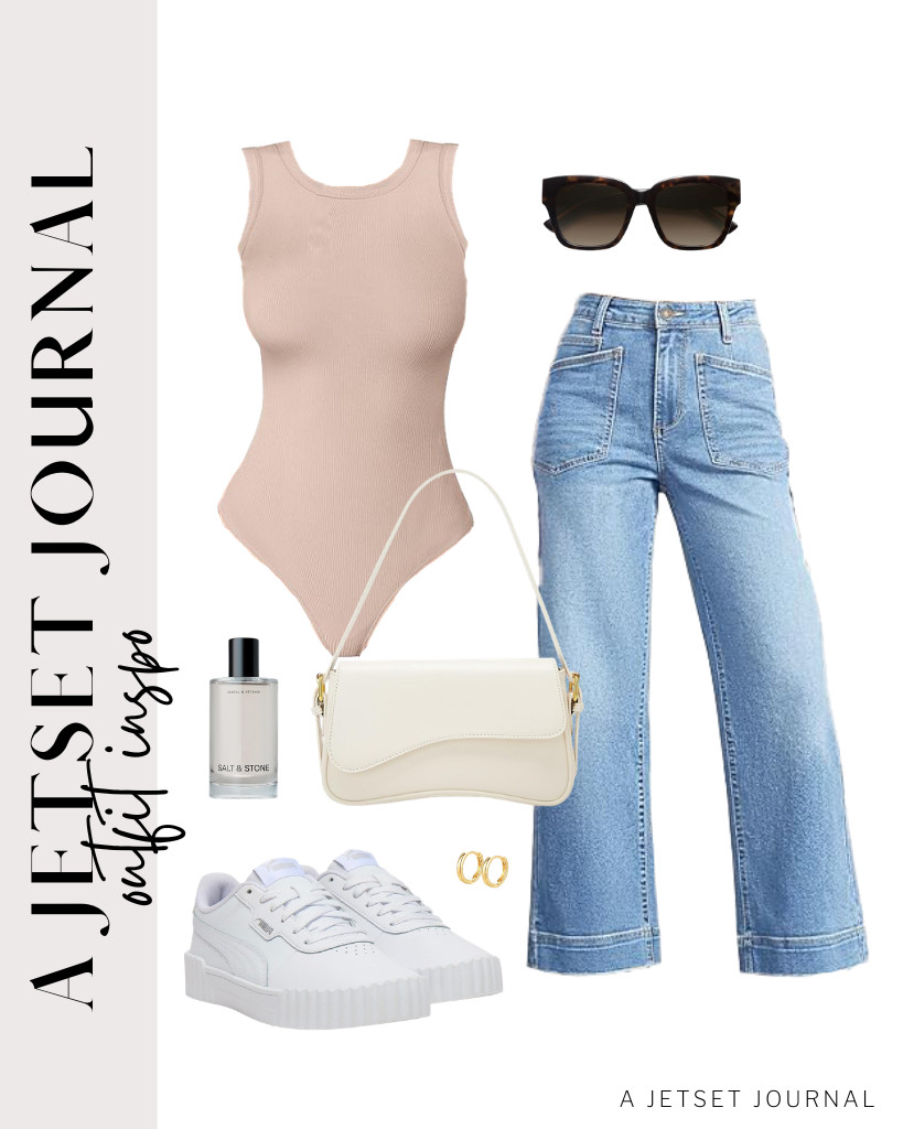 This light apricot ANRABESS bodysuit and wide-leg jeans are the base pieces of our next outfit. For your footwear, you can use PUMA leather sneakers. This look can be styled with a shoulder bag and SOJOS square sunnies.

#LTKSeasonal #LTKSaleAlert #LTKTravel
 

 