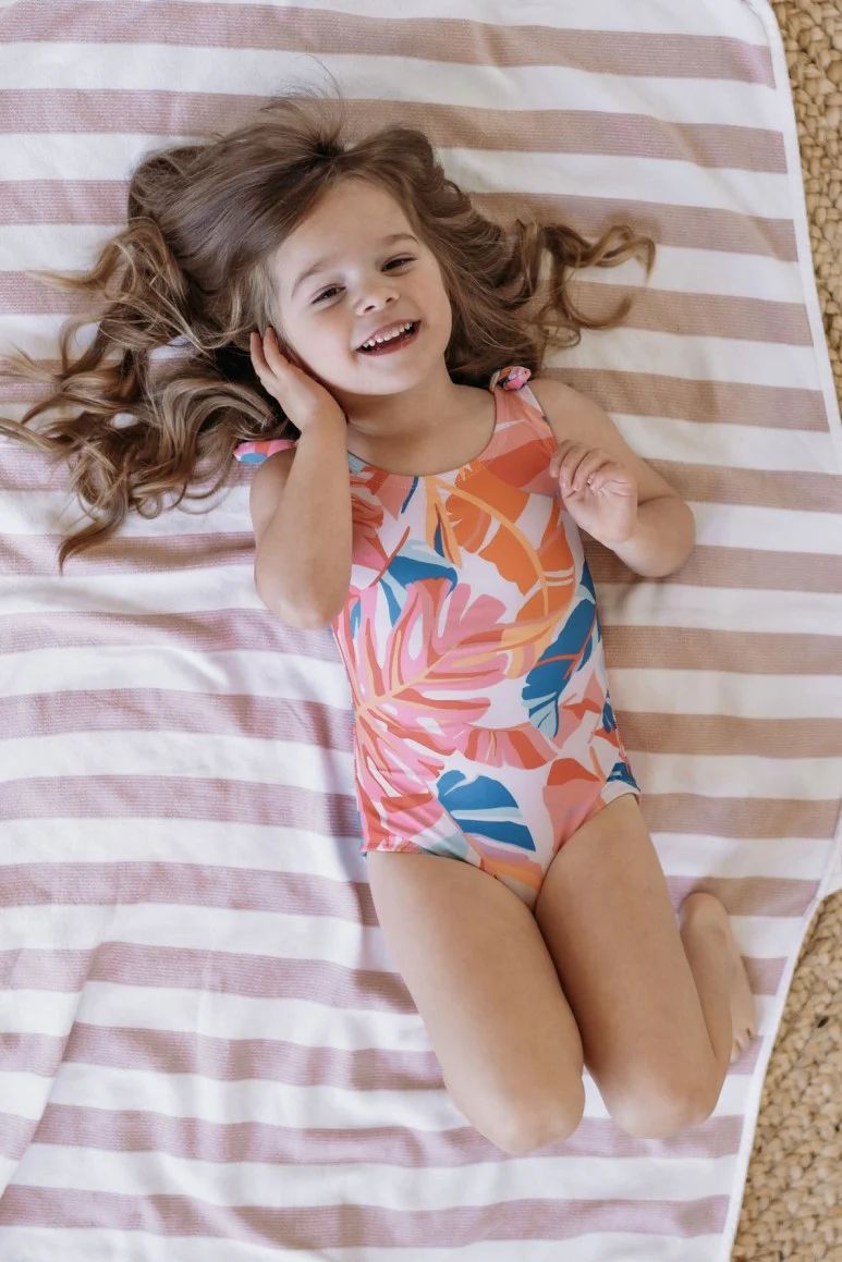 Sea Our Future Girls Multi Palm Tie Sleeve Swimsuit | Pink Lily