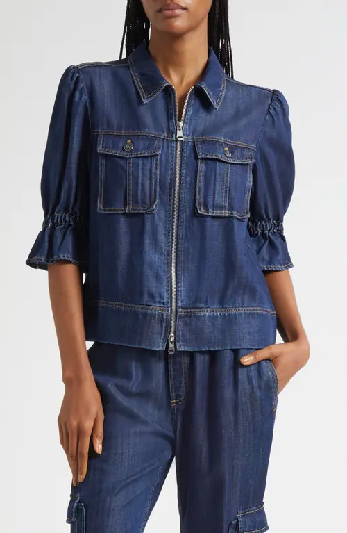 Cinq à Sept Holly Elbow Sleeve Denim Jacket in Mer at Nordstrom, Size Xx-Small | Nordstrom