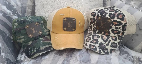 Camo Bronze LV UPCYCLED Cap, Ponytail leopard cheetah, ponytail mustard yellow LV upcycled, desig... | Etsy (US)