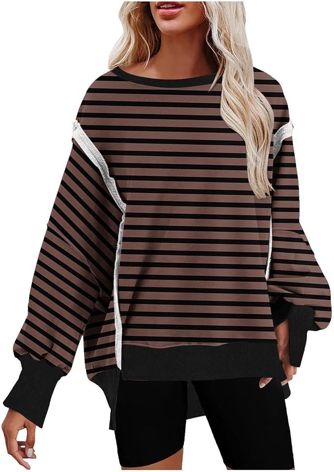 Oversized Striped Sweatshirts Women Trendy 2024 Drop Shoulder Long Sleeve Crewneck Pullover Tops ... | Amazon (US)