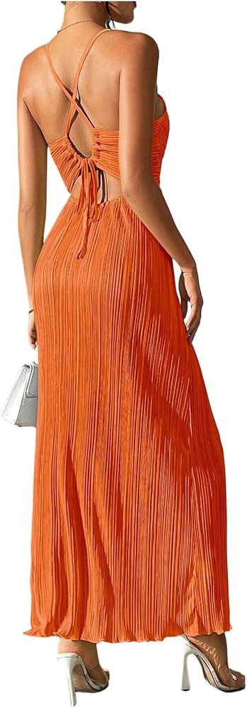 OYOANGLE Women's Summer Textured V Neck Sundress Tie Back Spaghetti Strap Pleated A Line Beach Lo... | Amazon (US)