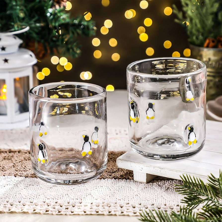 Skylety 2 Pcs Christmas Icon Juice Glass - 14 oz Penguin Stemless Drinking Glass Cup for Holiday ... | Amazon (US)