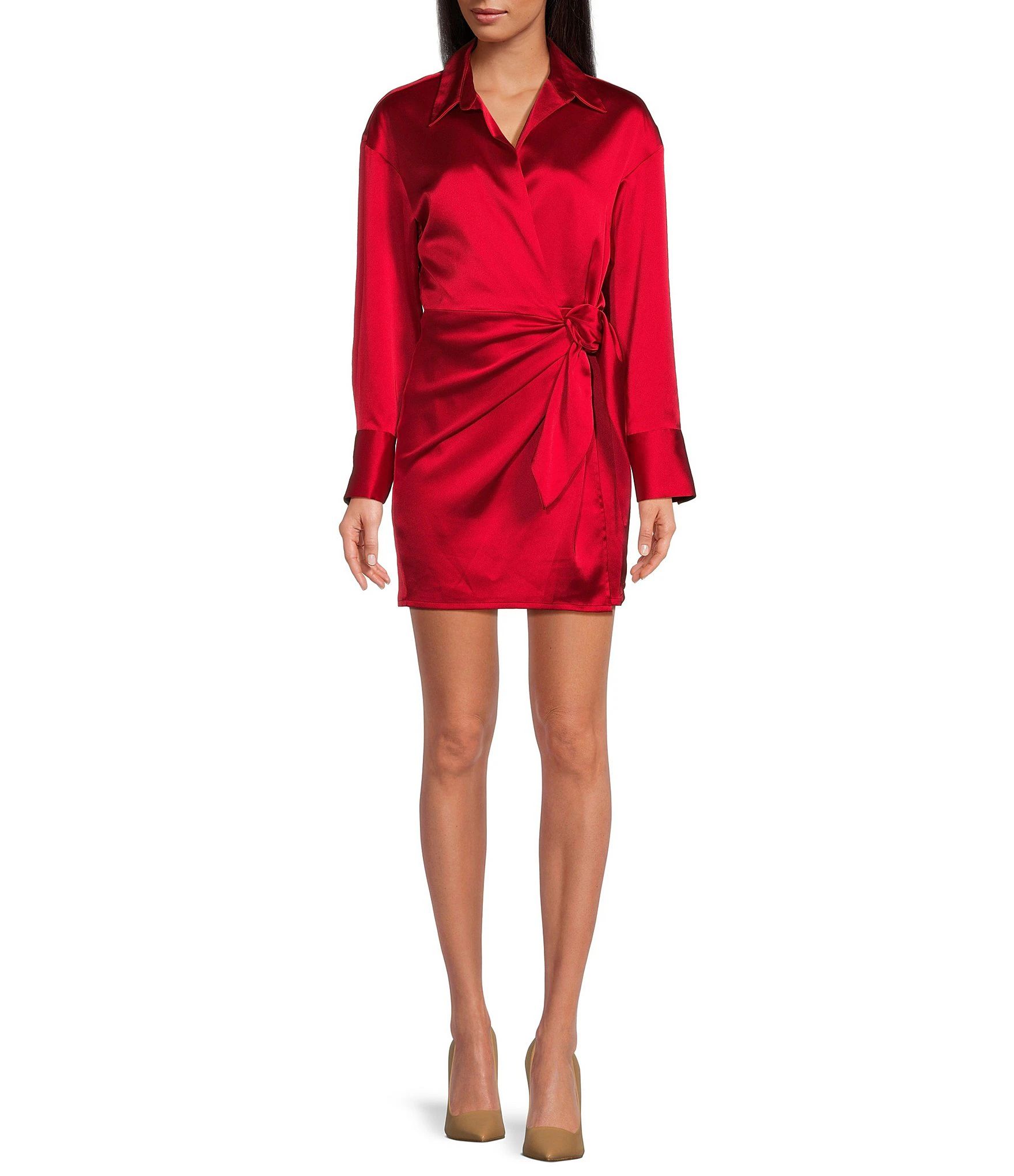Avery Satin Long Sleeve Point Collar Neck Faux Wrap Dress | Dillard's