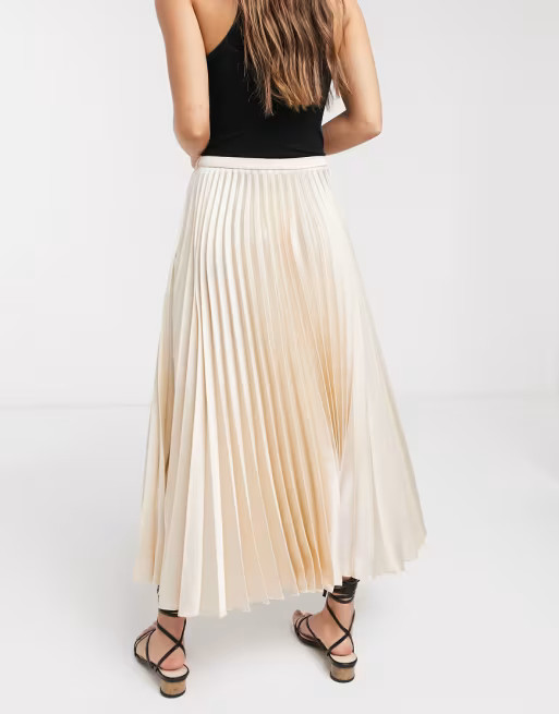 ASOS DESIGN Petite satin pleated midi skirt in bone | ASOS (Global)