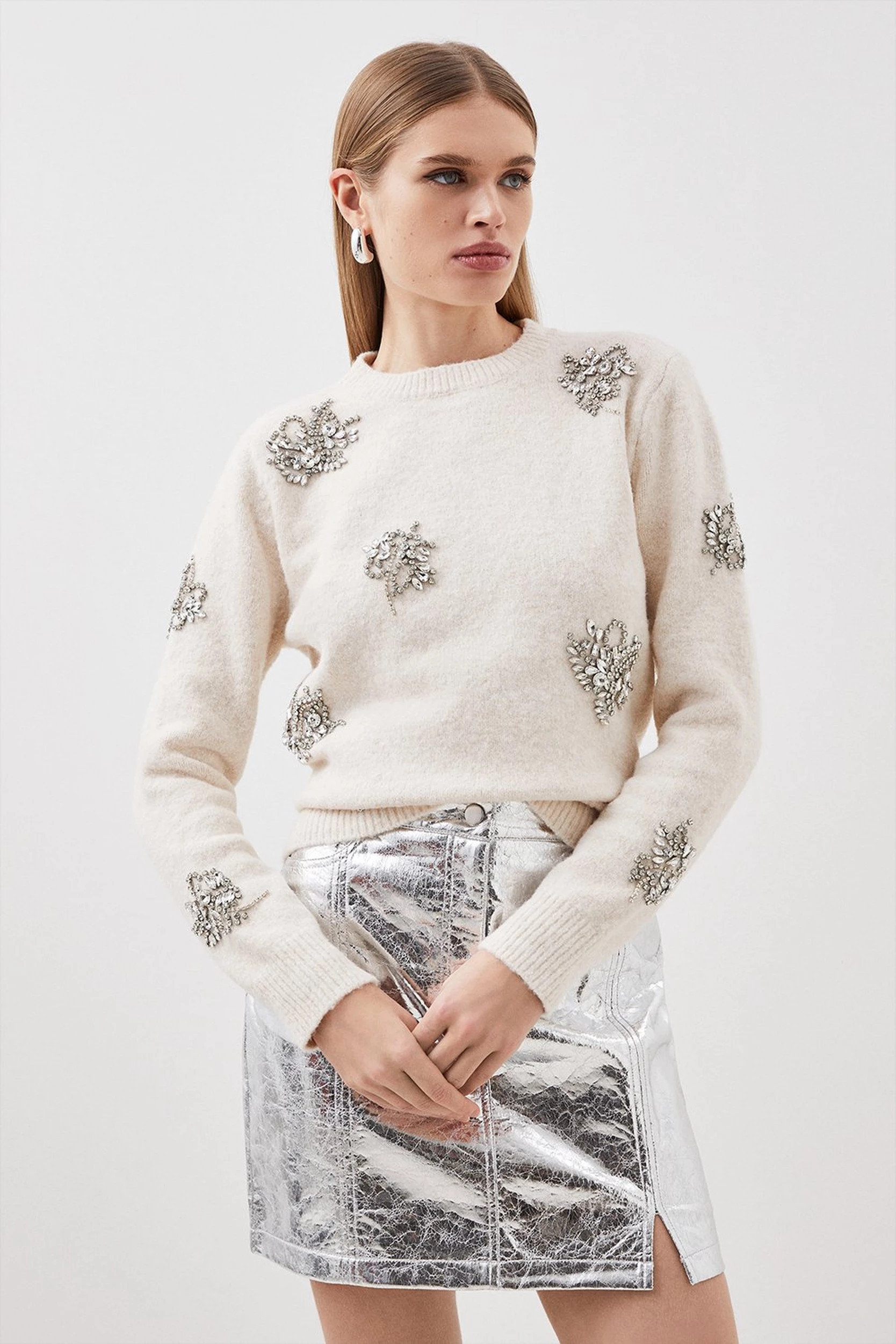 Wool Blend Embellished Cosy Knit Sweater | Karen Millen US