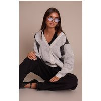 Grey Argyle Oversized Knit Cardigan | PrettyLittleThing UK