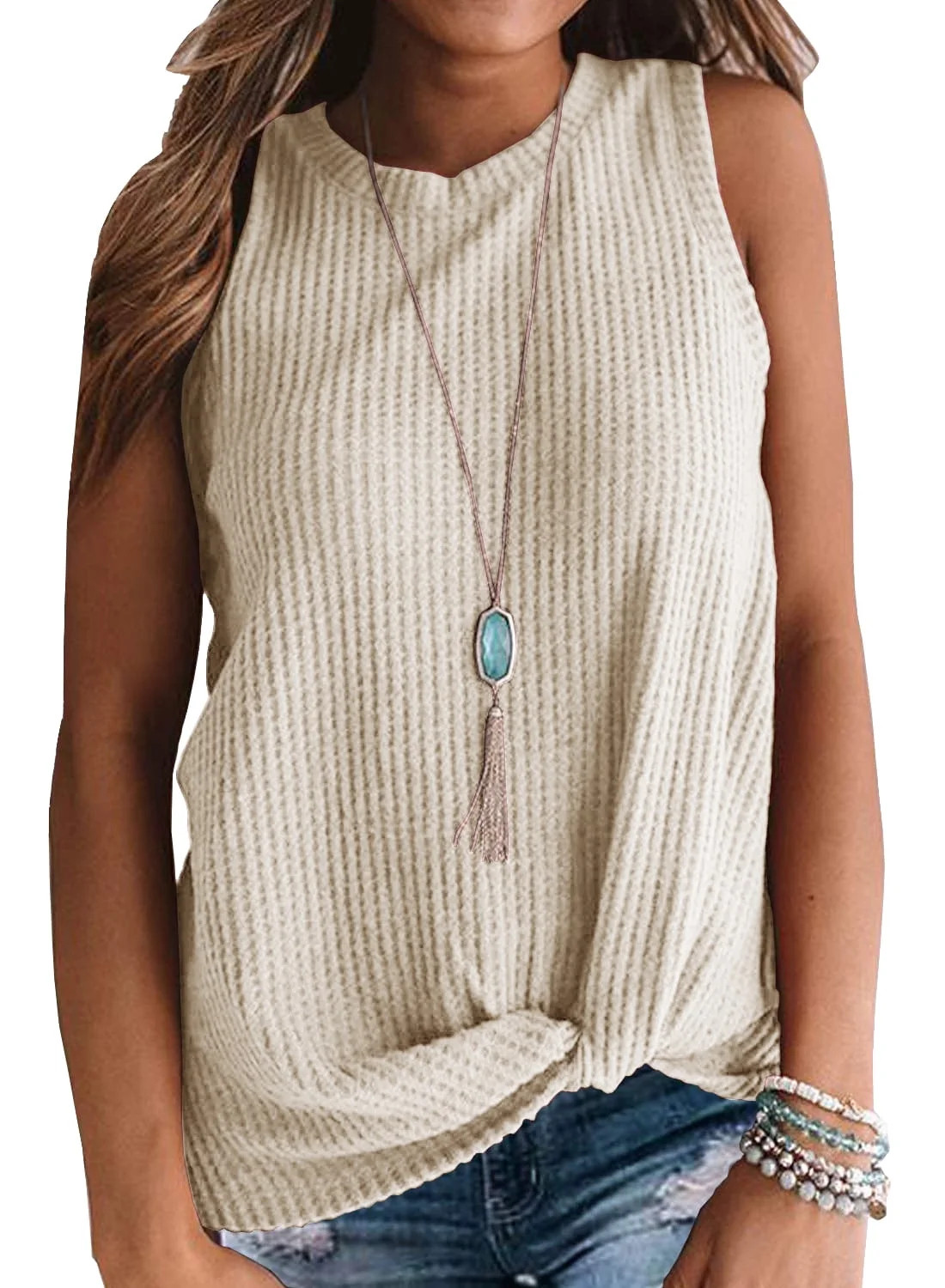 JWD Womens Waffle Knit Tunic Casual Blouse Sleeveless Cute Twist Knot Tank Tops Oatmeal L | Walmart (US)