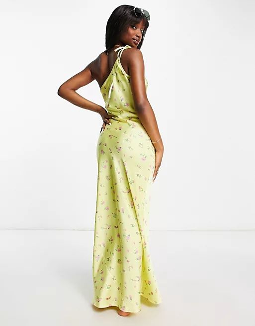 ASOS DESIGN one shoulder slip maxi beach dress in ditsy floral | ASOS (Global)